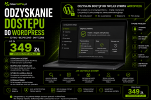 Grafika usługi odzyskania dostępu do WordPress z laptopem, panelem administracyjnym i ceną 349 zł