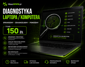 Grafika promująca diagnostykę laptopa i komputera za 150 zł, z laptopem, lupą i panelem kontroli podzespołów