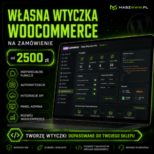 Grafika promująca własną wtyczkę WooCommerce na zamówienie od 2500 zł, z panelem WordPress na laptopie
