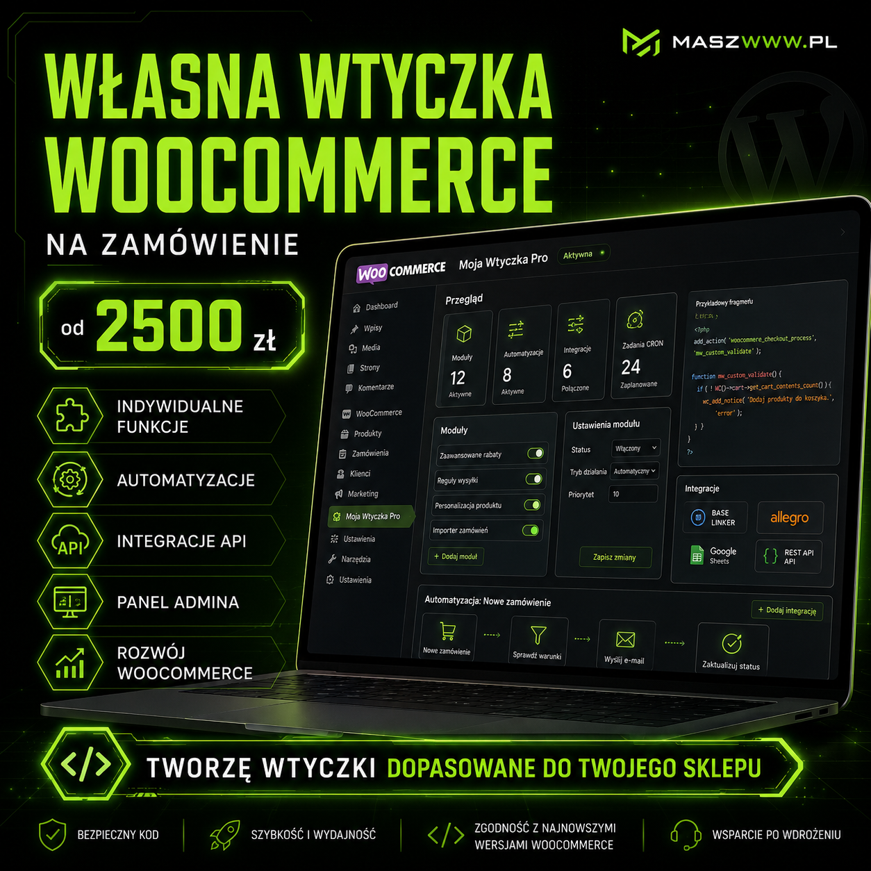 Własna wtyczka WooCommerce na zamówienie 1 Grafika promująca własną wtyczkę WooCommerce na zamówienie od 2500 zł, z panelem WordPress na laptopie