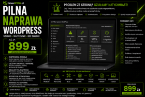 Grafika promująca pilną naprawę WordPress z panelem serwisowym na laptopie i ceną od 899 zł