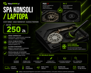 Grafika SPA konsoli i laptopa: czyszczenie wnętrza konsoli, układu chłodzenia i cena od 250 zł.