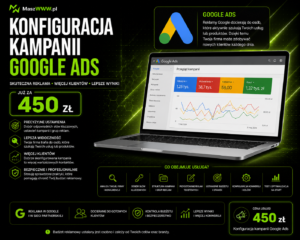 Grafika oferty konfiguracji kampanii Google Ads za 450 zł z laptopem, panelem kampanii i zakresem usługi