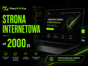 Grafika promująca stronę internetową dla firmy od 2000 zł z makietą witryny na laptopie i smartfonie