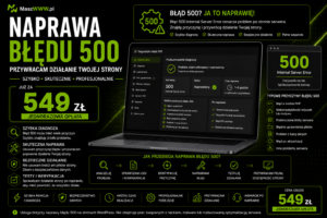 Grafika oferty naprawy błędu 500 WordPress z laptopem, zakresem diagnozy i ceną 549 zł