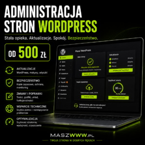 Grafika oferty administracji stron WordPress od 500 zł z panelem WordPress na laptopie