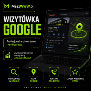Grafika promująca utworzenie i konfigurację wizytówki Google z laptopem, profilem firmy i pinezką na mapie