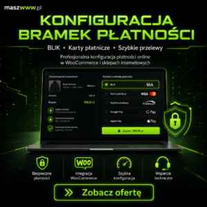 Grafika konfiguracji bramek płatności WooCommerce z checkoutem BLIK, kart, szybkich przelewów i ikoną bezpieczeństwa