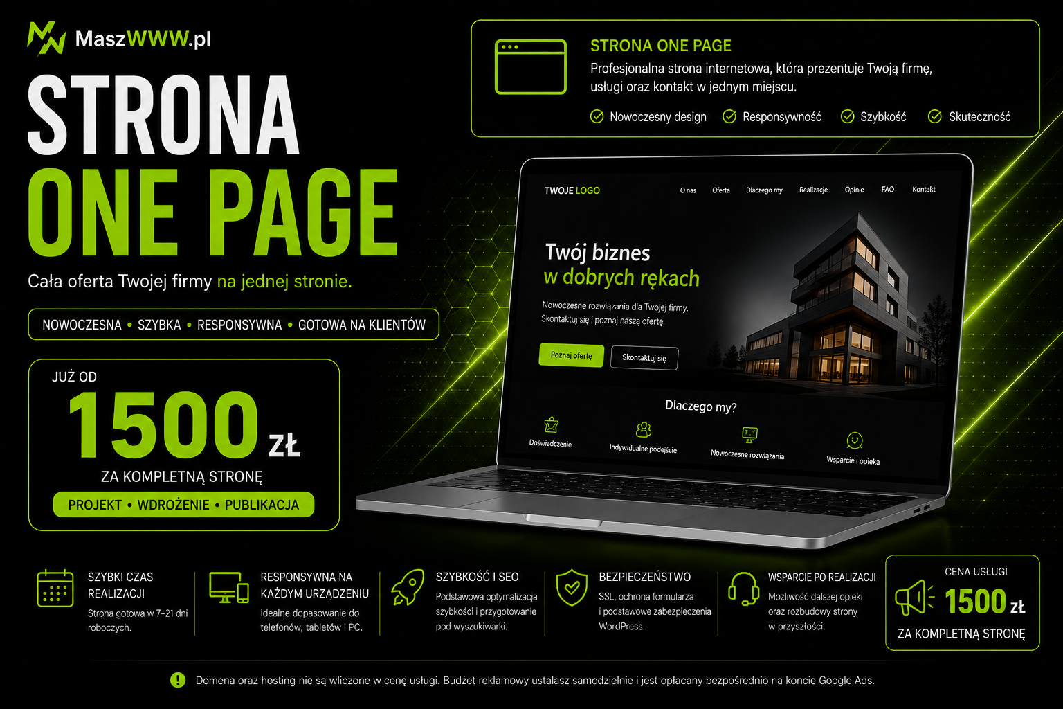 Strona typu one page 1 Oferta strony One Page za 1500 zł z widokiem strony firmowej na laptopie oraz informacją o responsywności i SEO
