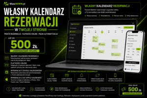 Grafika promująca własny kalendarz rezerwacji na stronie z widokiem systemu na laptopie i smartfonie