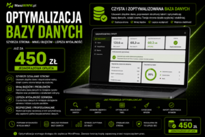 Grafika usługi optymalizacji bazy danych WordPress z panelem na laptopie, zakresem prac i ceną 450 zł