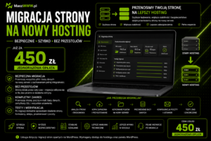 Grafika reklamowa migracji strony na nowy hosting z laptopem, ikonami serwerów, zakresem usługi i ceną 450 zł