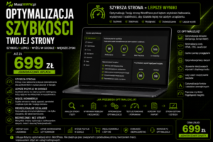Oferta optymalizacji szybkości strony WordPress za 699 zł z panelem wyników, zakresem prac i etapami usługi