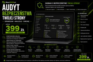 Grafika promująca audyt bezpieczeństwa WordPress z laptopem, zakresem analizy i ceną 399 zł.