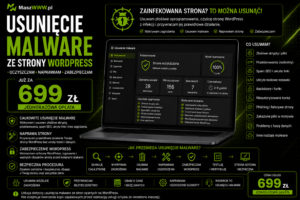Grafika usługi usunięcia malware ze strony WordPress z laptopem, zakresem prac i ceną 699 zł