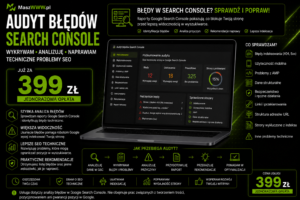 Grafika oferty audytu błędów Search Console z laptopem, zakresem analizy i ceną 399 zł