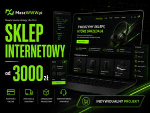 Indywidualny projekt sklepu internetowego na laptopie z komunikatem o płatnościach, integracjach i cenie od 3000 zł