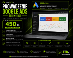 Prowadzenie Google Ads przez 1 miesiąc – grafika z panelem kampanii na laptopie i ceną 450 zł