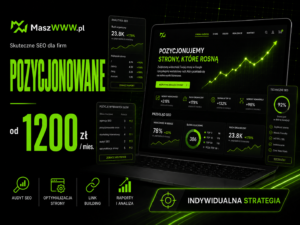 Grafika reklamowa pozycjonowania: laptop z panelem SEO, rosnący wykres, cena od 1200 zł miesięcznie i indywidualna strategia.