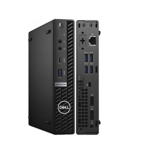 Dell OptiPlex 3080 Tiny w pionie, widok z przodu i tyłu z widocznymi portami.