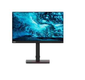 Monitor Lenovo ThinkVision T23i-20 na podstawie, z ekranem wyświetlającym niebieską grafikę