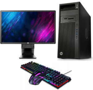 Czarny komputer HP Z440 z monitorem HP, podświetlaną klawiaturą i myszą gamingową