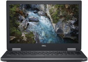 Dell Precision 7740 otwarty od przodu, z obrazem górskiego potoku na ekranie