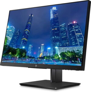 Monitor HP Z23n G2 na czarnej podstawie, widok z przodu z miejskim obrazem na ekranie