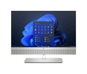 Komputer AIO HP EliteOne 800 G8 od przodu z ekranem Windows 11 i srebrną podstawą