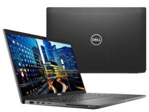 Dell Latitude 7410 otwarty z ekranem oraz widokiem tylnej pokrywy z logo Dell