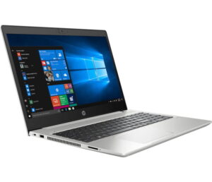 Srebrny laptop HP ProBook 440 G7 otwarty pod kątem, z ekranem systemu Windows
