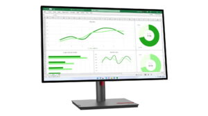 Monitor Lenovo ThinkVision P27q-30 na podstawie z ekranem QHD prezentującym arkusz kalkulacyjny i wykresy