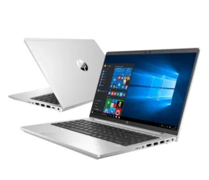 Srebrny laptop HP ProBook 640 G8 otwarty i zamknięty, widok z przodu oraz tyłu