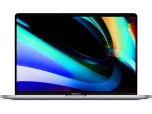 MacBook Pro 16 cali otwarty od przodu z kolorową tapetą na ekranie
