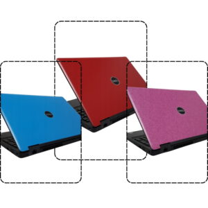 Trzy laptopy Dell z niebieską, czerwoną i różową klapą