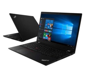 Lenovo ThinkPad T590 otwarty z ekranem Windows i widokiem czarnej obudowy