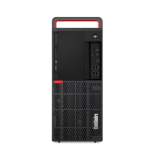 Czarny komputer Lenovo ThinkCentre Tower z czerwonym uchwytem, widok z przodu
