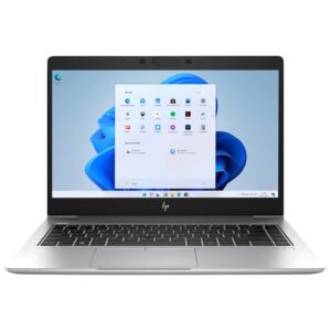 Srebrny laptop HP EliteBook 840 G6 otwarty od przodu, z ekranem Windows 11