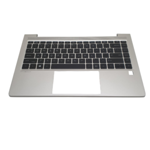Srebrny palmrest z czarną klawiaturą do HP ProBook, widok od góry na czarnym tle