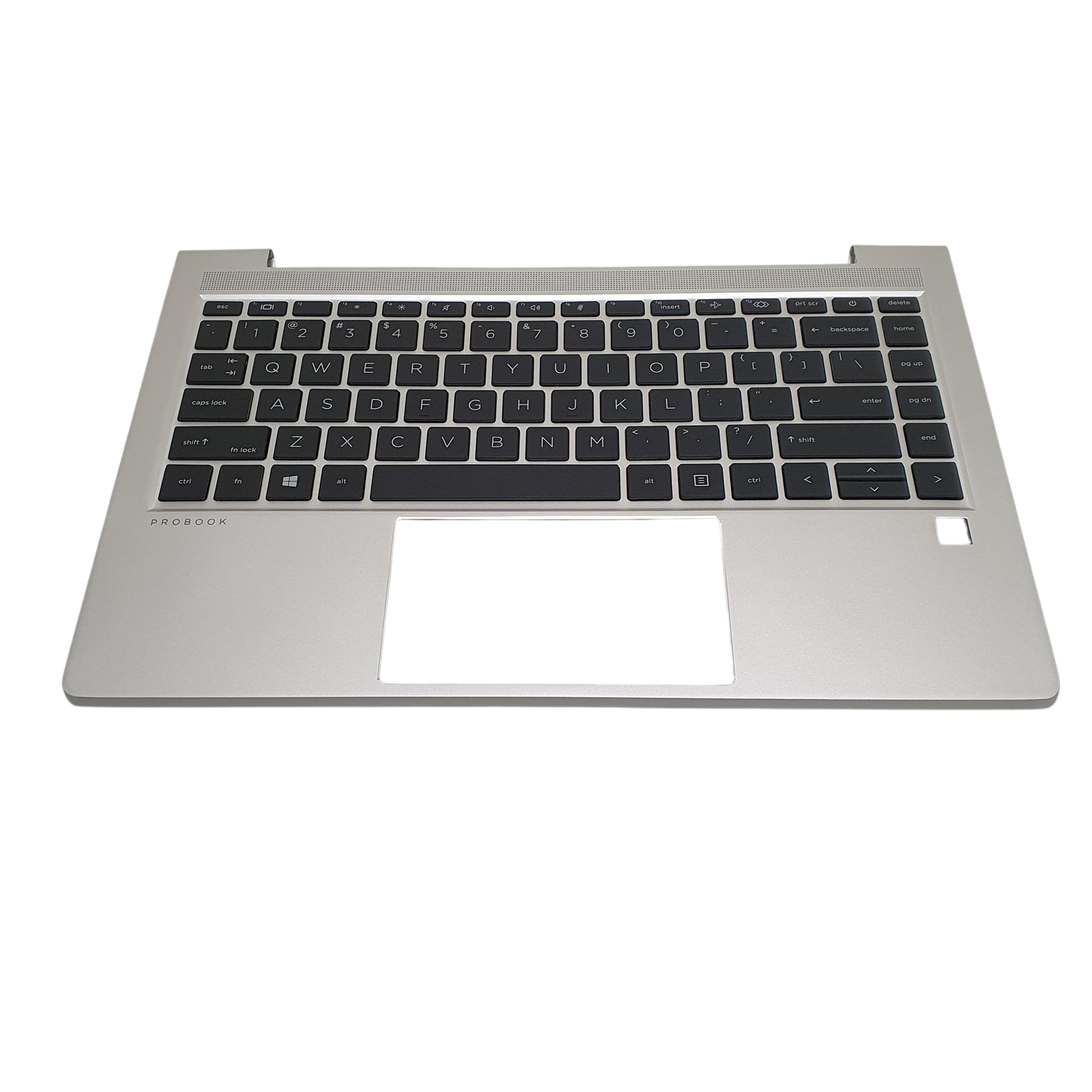 Nowy Palmrest + Klawiatura do HP Probook 440 445 G8 G9 640 G8 G9 1 Srebrny palmrest z czarną klawiaturą do HP ProBook, widok od góry na czarnym tle