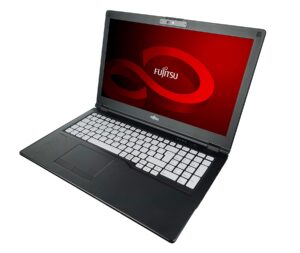 Otwarty czarny laptop Fujitsu LifeBook E5510 z białą klawiaturą i czerwonym ekranem Fujitsu