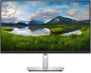 Monitor Dell P2722HE z cienkimi ramkami na srebrnej podstawie, z krajobrazem górskim na ekranie