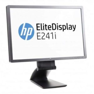 Monitor HP EliteDisplay E241i na podstawie, z logo HP i nazwą modelu widocznymi na ekranie