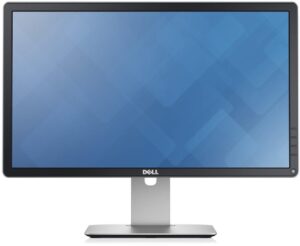 Monitor Dell z ekranem z niebieską grafiką na srebrnej podstawie