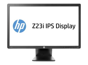 Monitor HP Z23i IPS z czarną ramką i podstawą, z logo HP oraz napisem Z23i IPS Display na ekranie.