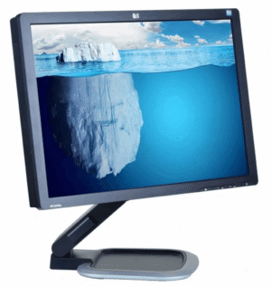 Monitor HP L2245w widziany z przodu na podstawce, z grafiką góry lodowej na ekranie