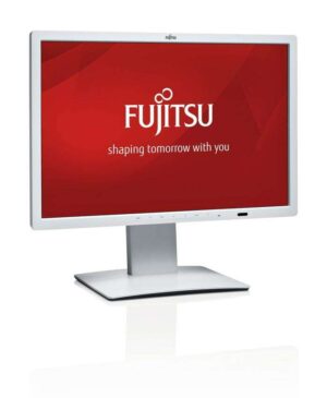 Biały monitor Fujitsu P24W-7 na podstawie z czerwonym ekranem i logo Fujitsu