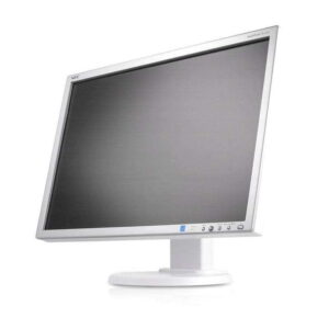 Biały monitor NEC E232WMI z ekranem IPS na okrągłej podstawie, ujęcie pod kątem