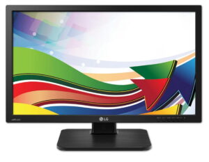 Monitor LG 23CAV42K od przodu na czarnej podstawie, z kolorową grafiką na ekranie