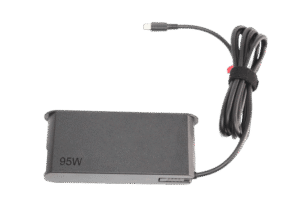 Czarny zasilacz Lenovo 95W z przewodem zakończonym wtykiem USB-C na przezroczystym tle